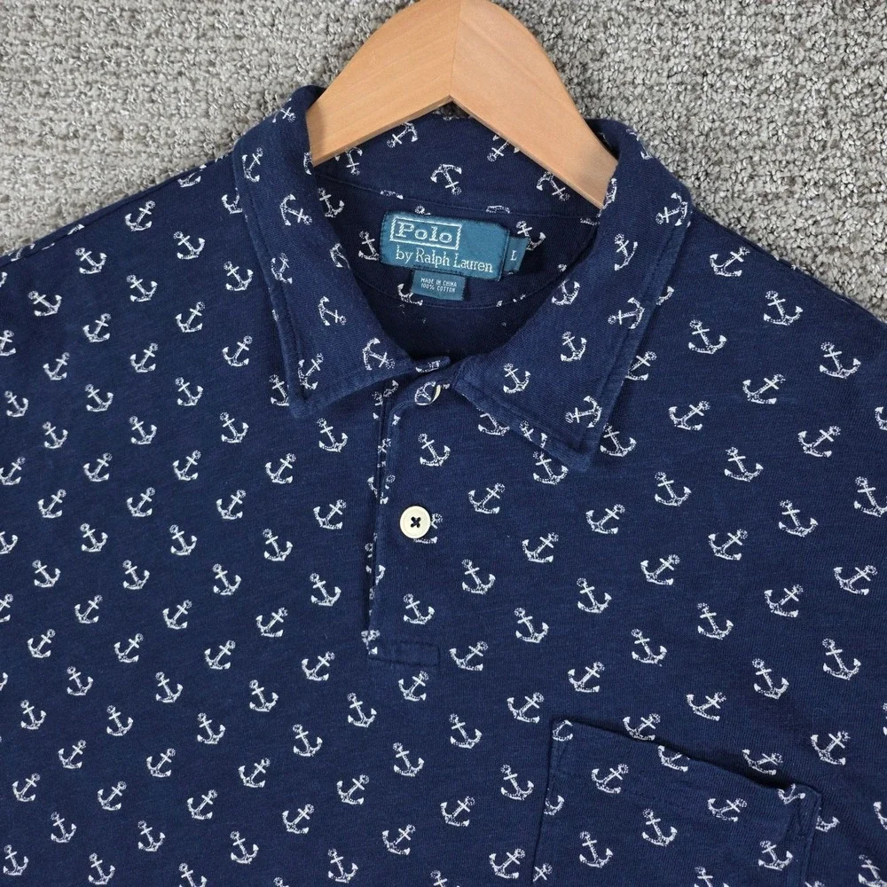 Vintage Polo Ralph Lauren Mens Large Blue Anchor Print Short Sleeve Polo Shirt L